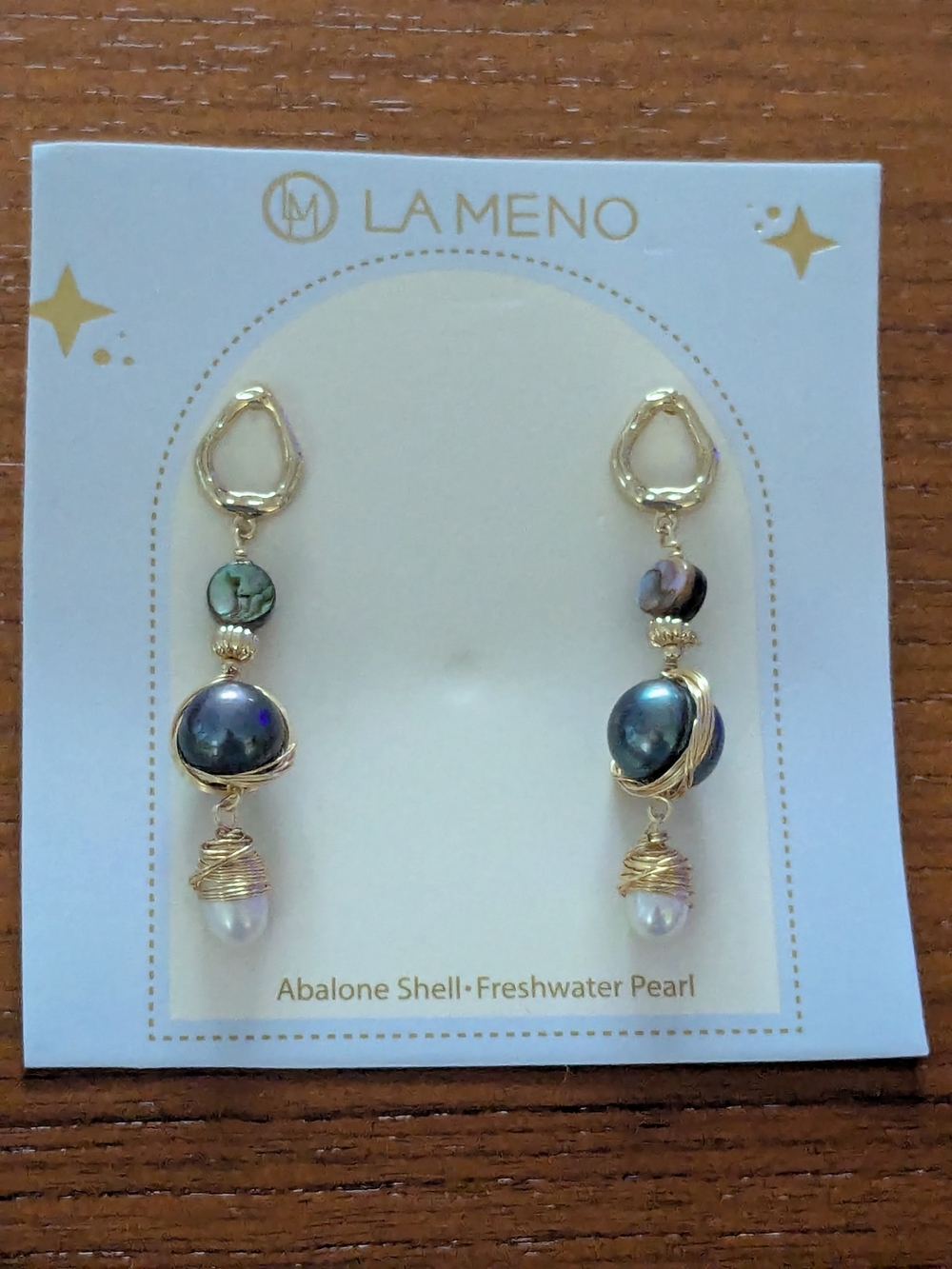 LA MENO Abalone Shell & Freshwater Pearl Drop Earrings in Gold NEW